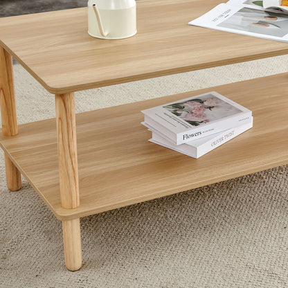 Modern 2 Tier Coffee Table For Living Room Furniture, Rectangular Center Table With Open Storage Shelf, Rounded Rubberwood Legs - Burly Wood