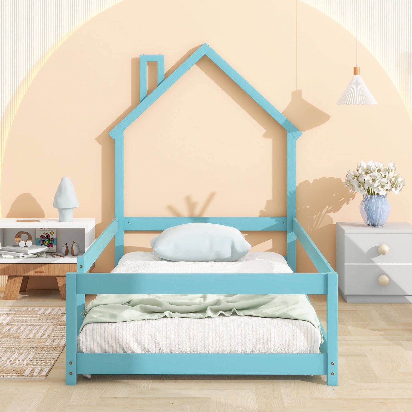 Twin Size Wood Bed With House-Shaped Headboard Floor Bed With Fences - Light Blue