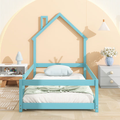 Twin Size Wood Bed With House-Shaped Headboard Floor Bed With Fences - Light Blue