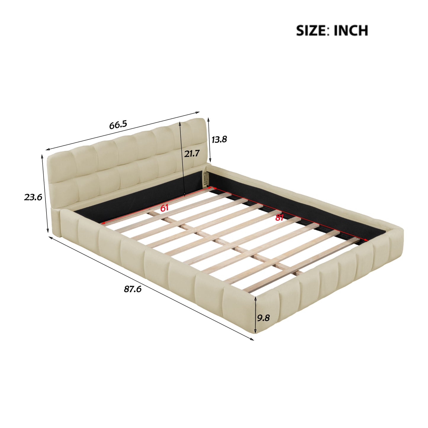 Queen Size Upholstered Platform Bed With Thick, Grounded Bed With Solid Frame - Beige