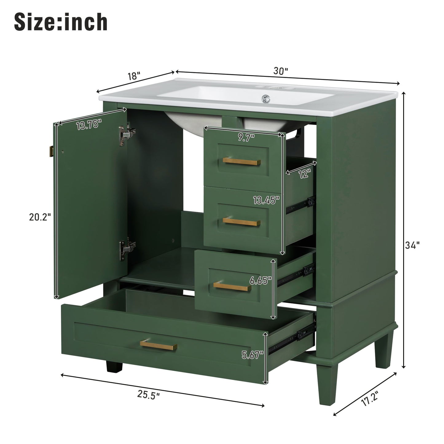 Bathroom Vanity, Modern Bathroom Cabinet With Sink Combo Set, Bathroom Storage Cabinet With A Soft Closing Door And 3 Drawers, Solid Wood Frame - Green