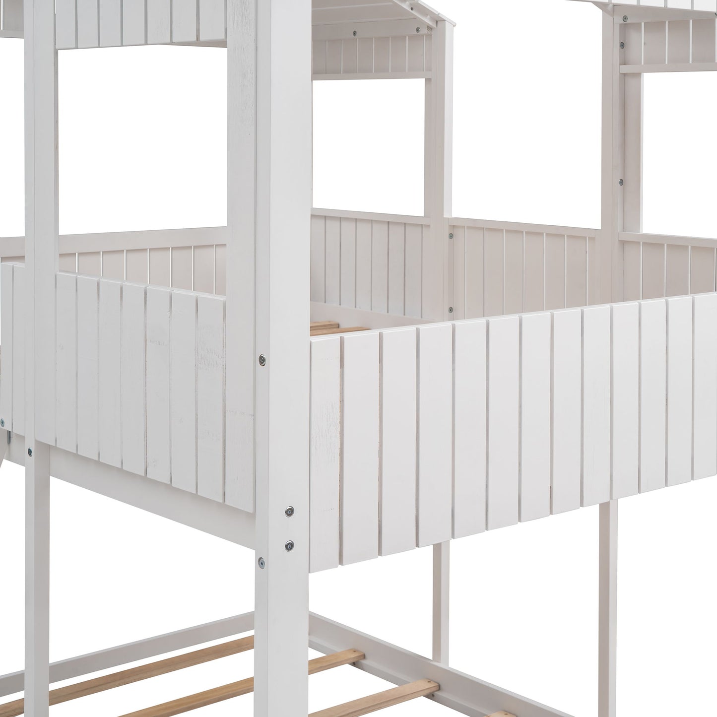 Full Over Full Bunk Bed With Roof, Window, Guardrail, Ladder - White