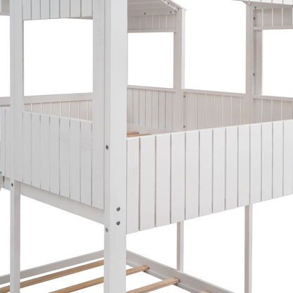 Full Over Full Bunk Bed With Roof, Window, Guardrail, Ladder - White