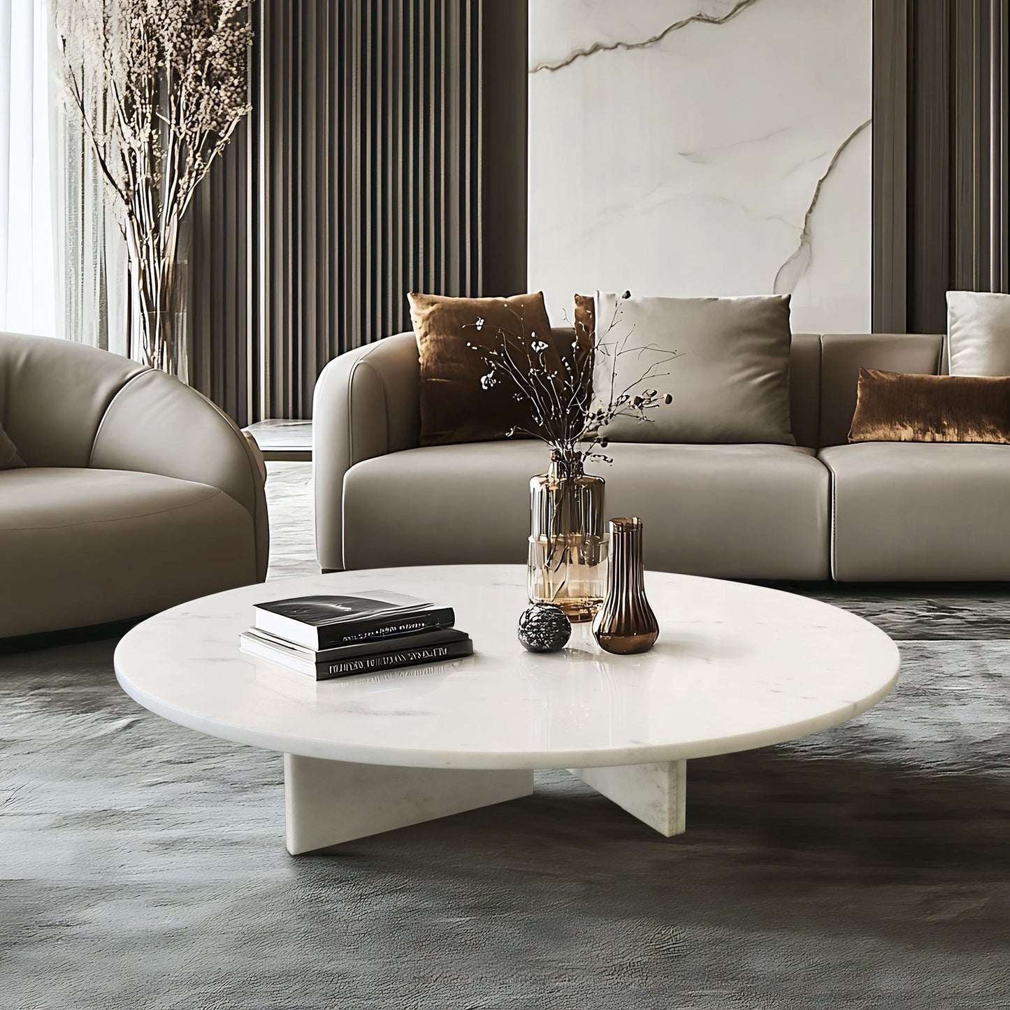 Snow Mountain Marble Coffee Table, Living Room Table, Unique Stone Design - White / Natural