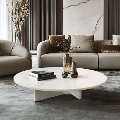 Snow Mountain Marble Coffee Table, Living Room Table, Unique Stone Design - White / Natural