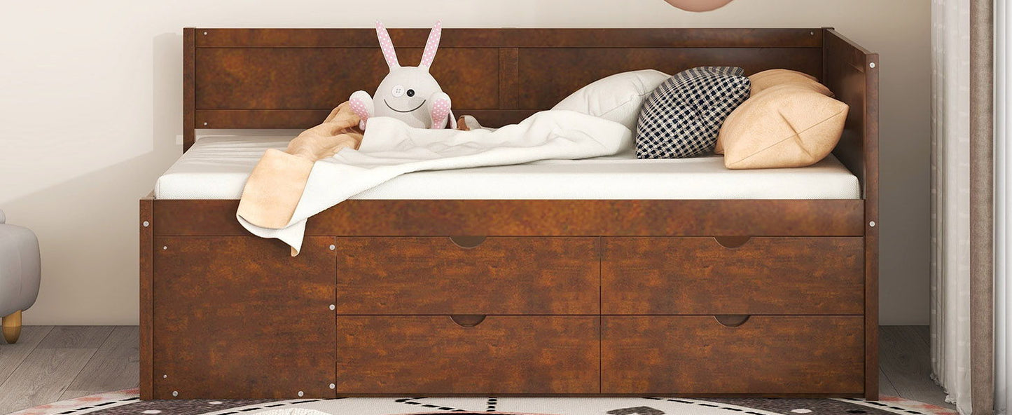 Twin Size Daybed With Drawers And Shelves - Walnut