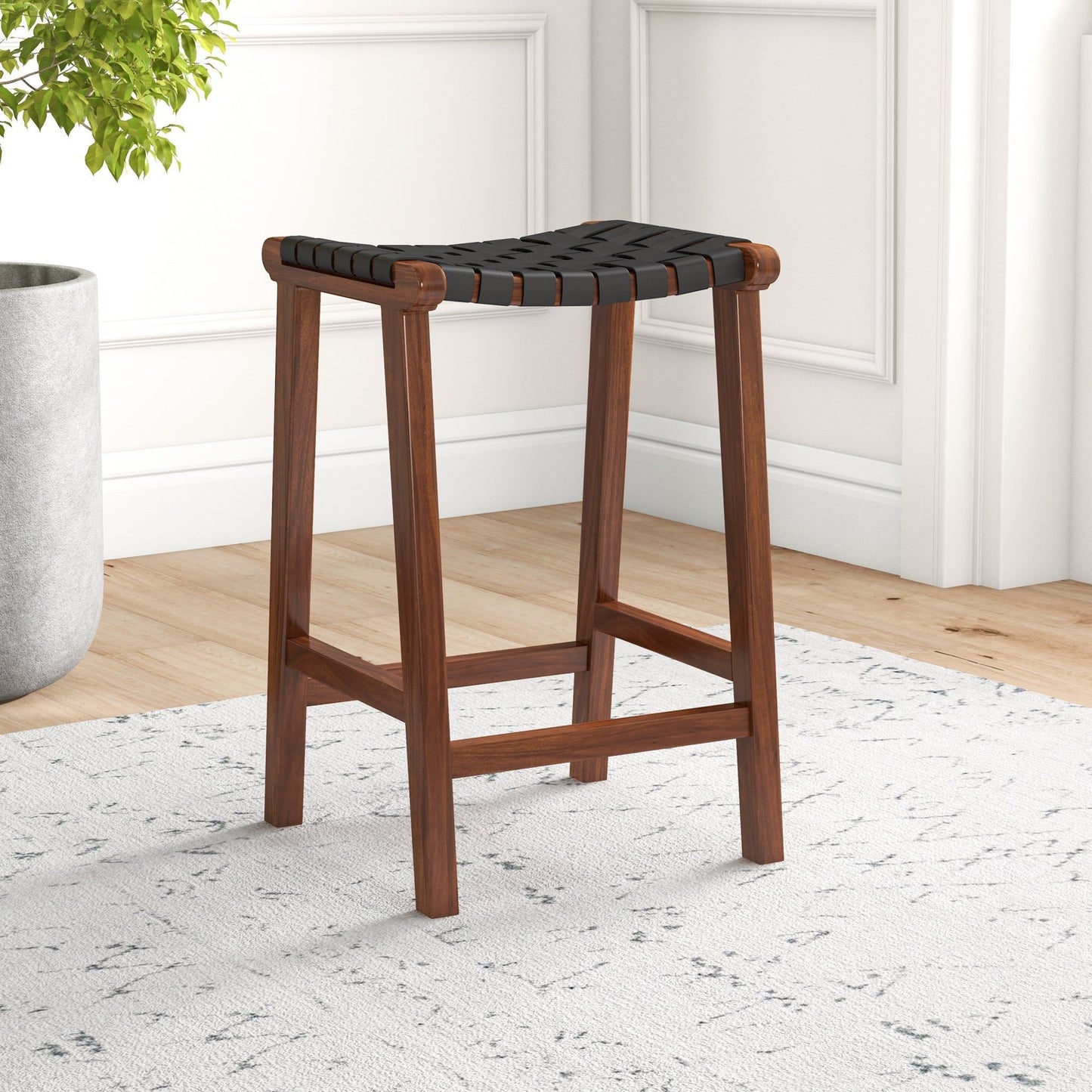 James - Mid-Century Modern Genuine Leather Counter Stool - Black / Brown