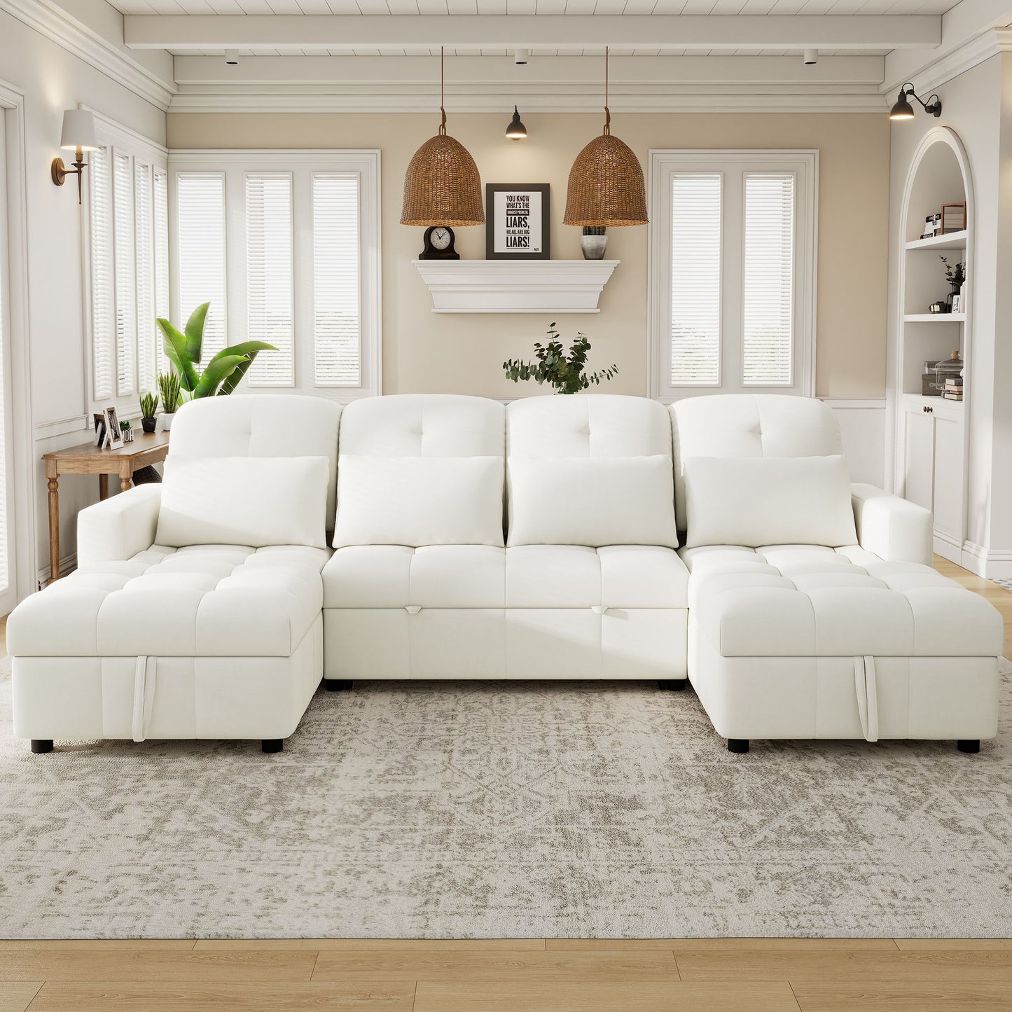 Oversized U - Shaped Sofa Versatile Sectional Sofa Pull Out Sofa Bed With Double Storage Chaise Lounges And 2 USB Ports For Living Room - Beige