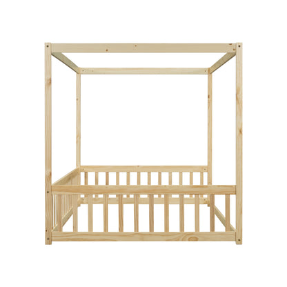Full Size Canopy Frame Floor Bed With Fence, Guardrails - Natural