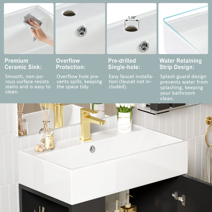 Bathroom Vanity, Combo Cabinet, Bathroom Storage Cabinet, Single Ceramic Sink, Left Side Storage - Black