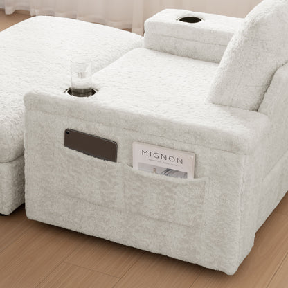 Oversized Chaise Lounge Indoor Rabbit Fur Sofa Bed With Storage Ottoman And Armrests Cup Holders With Deep Seat - Beige