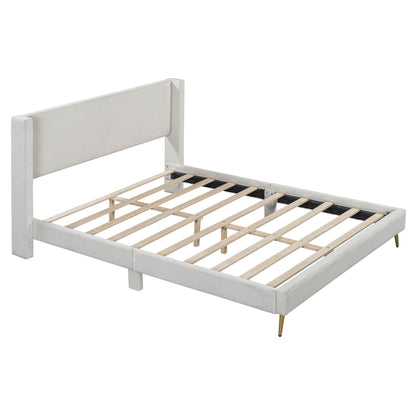 Queen Size Platform Bed With Legs, Frame And Tufted Headboard - Beige