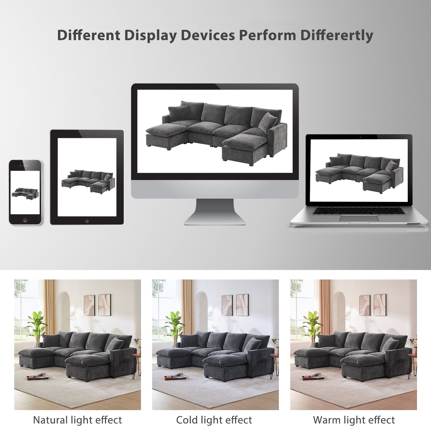 Modern U-Shape Modular Sofa, 6 Seat Chenille Sectional Couch Set With 2 Pillows Included, Freely Combinable Indoor Funiture - Black / Gray