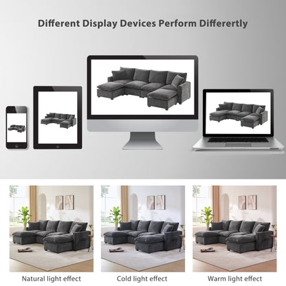 Modern U-Shape Modular Sofa, 6 Seat Chenille Sectional Couch Set With 2 Pillows Included, Freely Combinable Indoor Funiture - Black / Gray