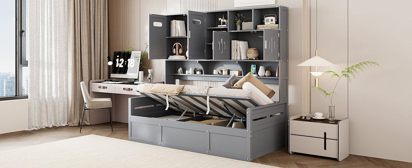 Twin Size Wooden Daybed With Hydraulic Bed And All In One Cabinet And Shelf - Gray