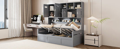 Twin Size Wooden Daybed With Hydraulic Bed And All In One Cabinet And Shelf - Gray