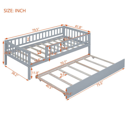 Twin Size Daybed With Trundle And Fence Guardrails - Gray
