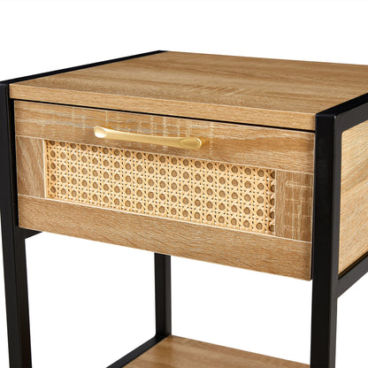 15.74" Rattan End Table With Drawer, Modern Nightstand, Metal Legs, Side Table For Living Room, Bedroom - Natural