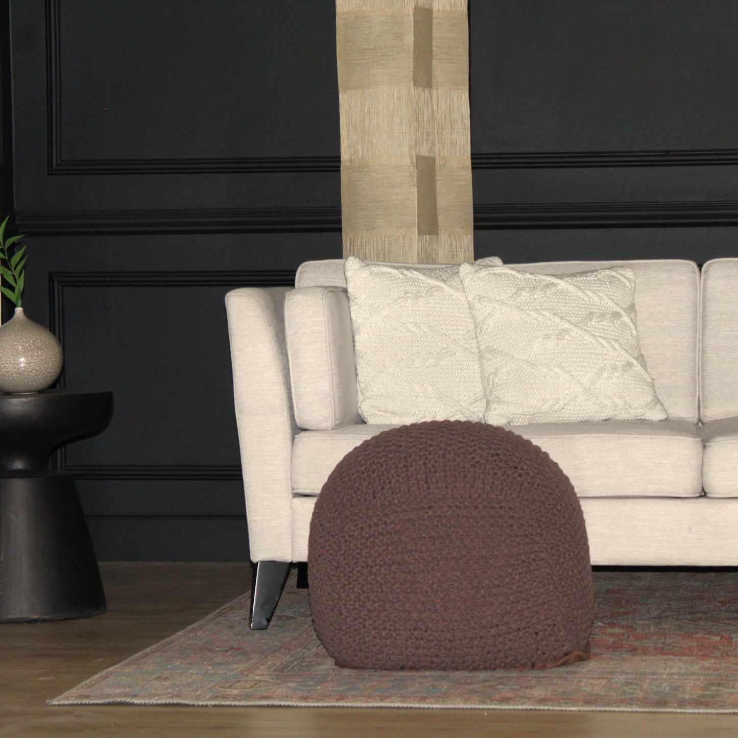 Handmade Semi Rounded Cable Knitted Pouf Perfect Seating & Footrest 100% Cotton - Brown