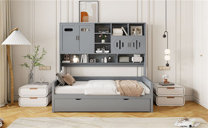 Twin Size Daybed With Twin Size Trundle, And All In One Cabinet And Shelf - Gray