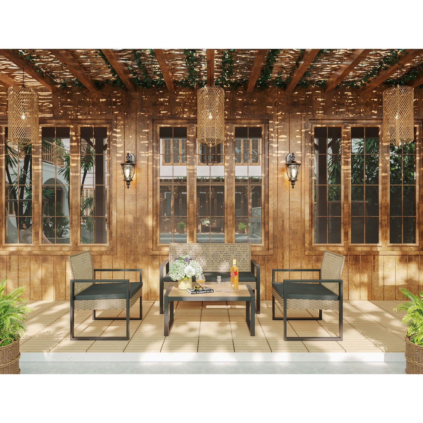 4 Piece Patio Furniture Set Outdoor Balcony Porch Garden Backyard Lawn Furniture Acacia Wood Table Top, Morden - Black And Light Brown