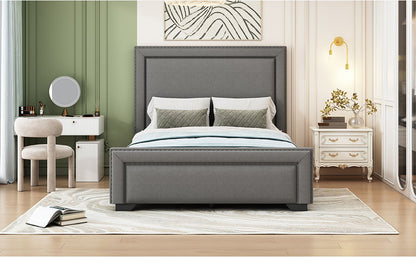 Queen Size Upholstered Bed With Slats Support, No Box Spring Needed - Gray
