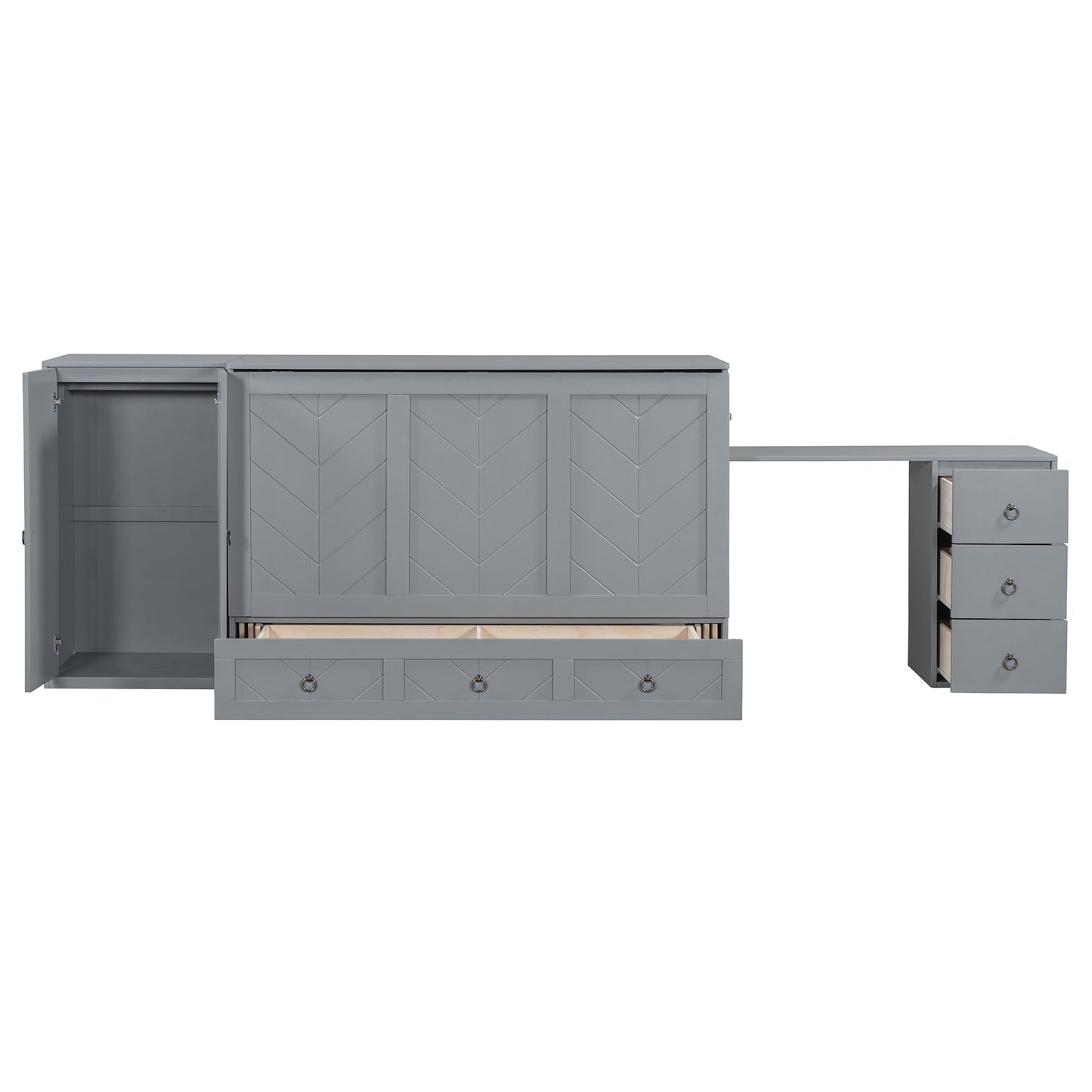 Queen Size Murphy Bed With USB Port, Large Drawer, And Wardrobe / Desk Combo Versatile Cabinet Bed - Gray