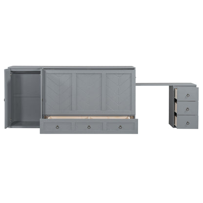 Queen Size Murphy Bed With USB Port, Large Drawer, And Wardrobe / Desk Combo Versatile Cabinet Bed - Gray