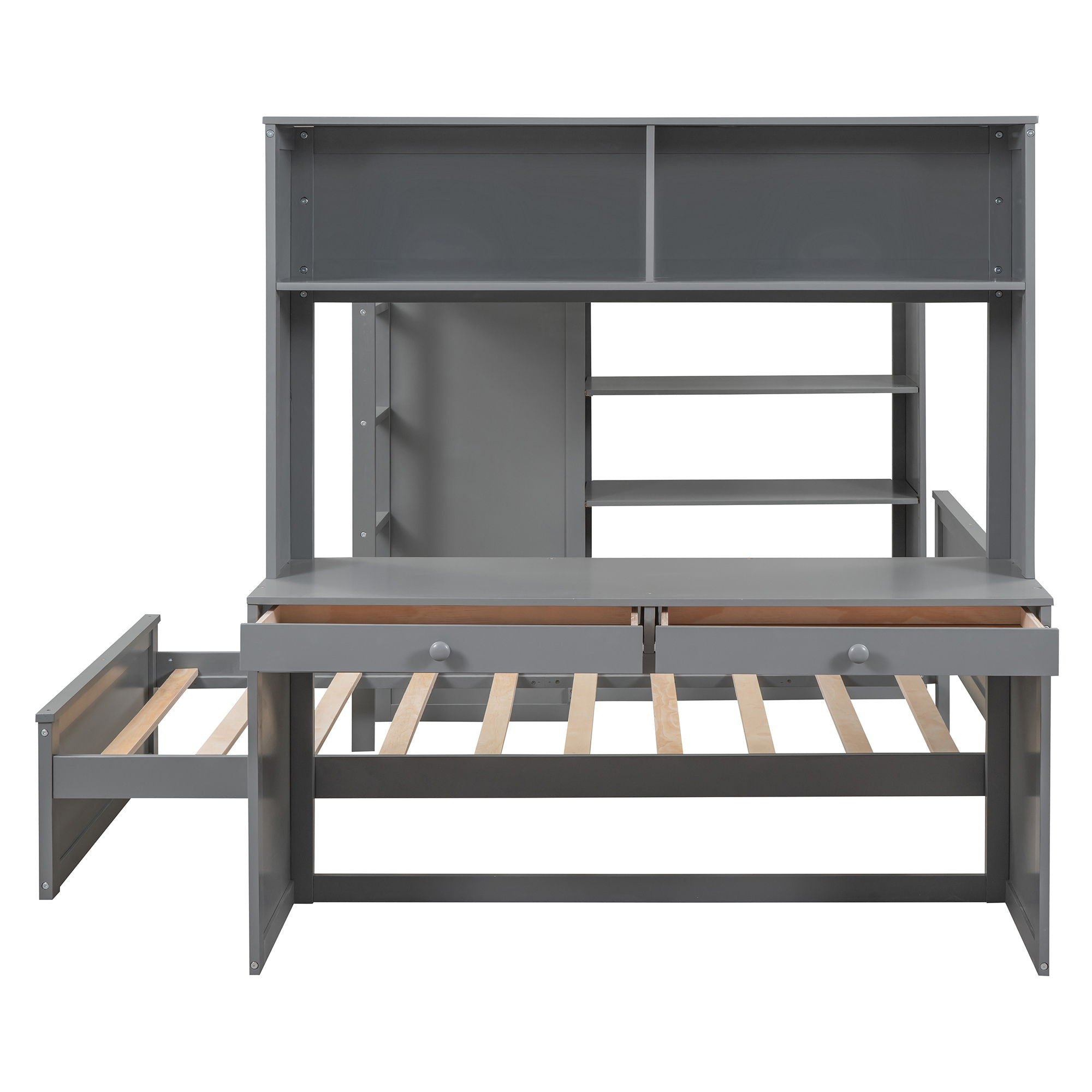 Full Size Loft Bed With A Twin Size Standalone Bed, Shelves, Desk, And Wardrobe - Gray