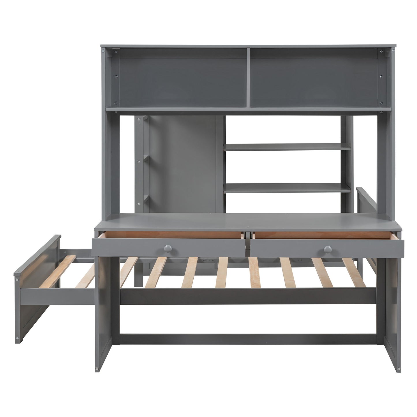 Full Size Loft Bed With A Twin Size Standalone Bed, Shelves, Desk, And Wardrobe - Gray