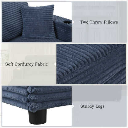 Oversized Loveseat Chaise Lounge Sectional Sofa Bed Corduroy Sleeper Sofa With 2 USB Ports, 2 Cup Holders And 2 Throw Pillows For Living Room And Bedroom - Blue