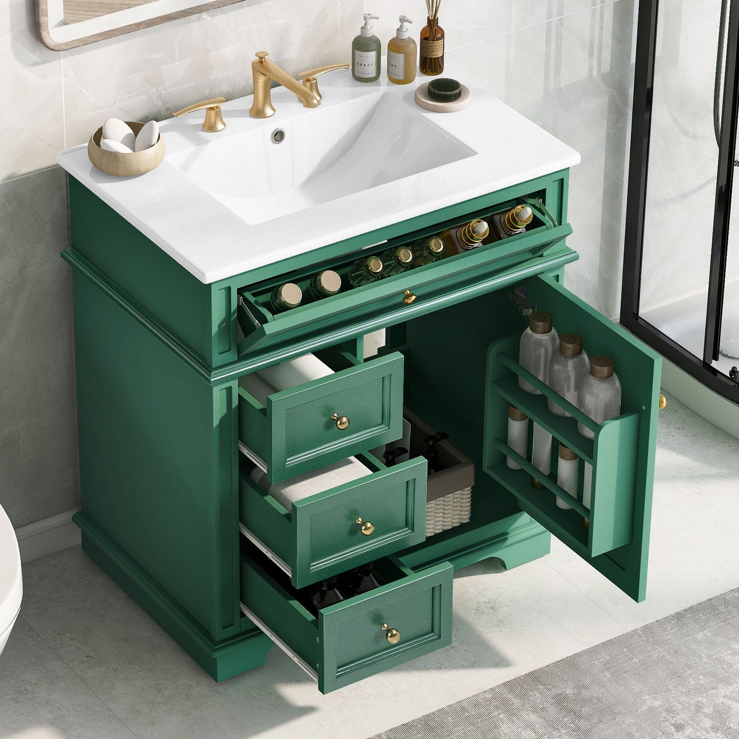 30" Bathroom Vanity With Sink, 1 Tip Out Drawer, 3 Drawers, Door Shelf, Soft Closing Door - Green