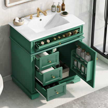 30" Bathroom Vanity With Sink, 1 Tip Out Drawer, 3 Drawers, Door Shelf, Soft Closing Door - Green