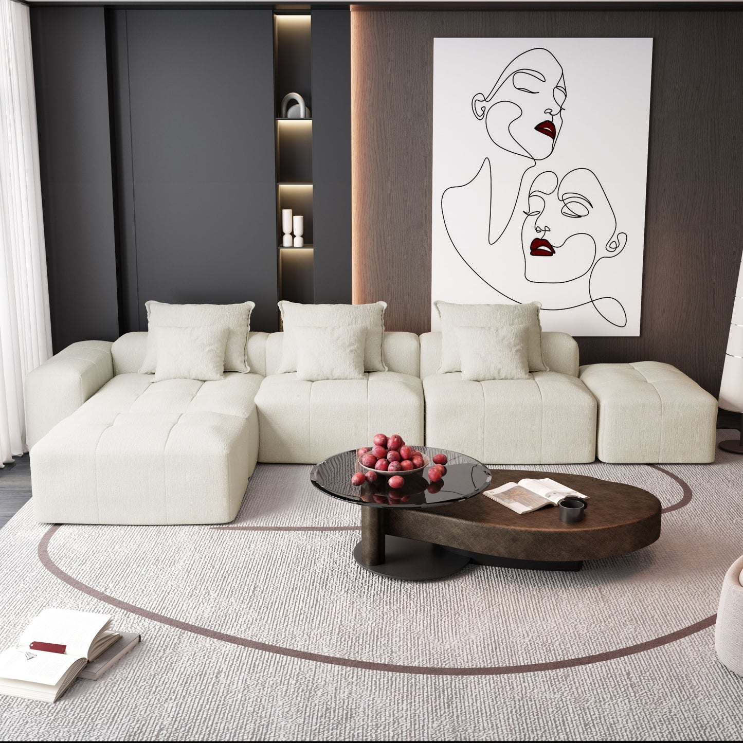 Modern Oversized Modular Sectional Sofa, Sparkling Chenille Fabric Soft Cushion Sofa With 6 Pillows, 6 Pieces Diy Combination Tufted Sofa, No Assembly Required - Beige