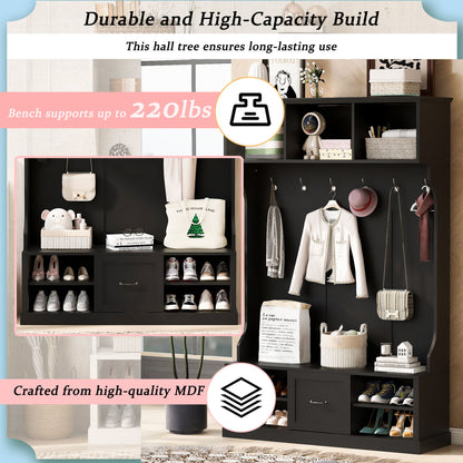 Hall Tree With 6 Hooks, Coat Hanger, Entryway Bench, 3 In 1 Design, A Spacious Drawer For Entrance, Living Room - Black