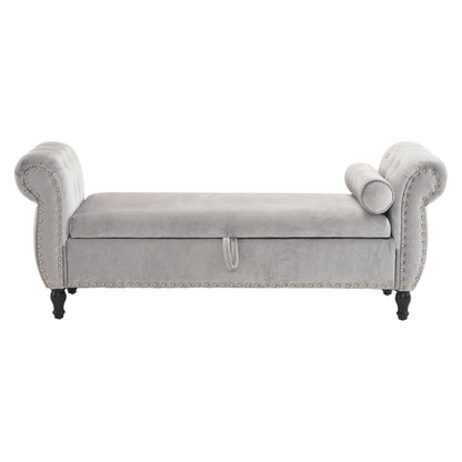 Velvet Multifunctional Storage Rectangular Ottoman Bench With Pillow - Gray