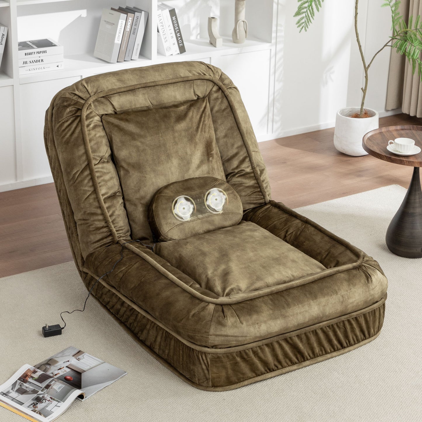 Upholstered Human Dog Bed And Pets Bean Bag Floor Sofa With Massage Pillow, 5 Adjustable Positions & 2 Soft Pillows Velvet With Foam And Iron Plastic Frame - Green