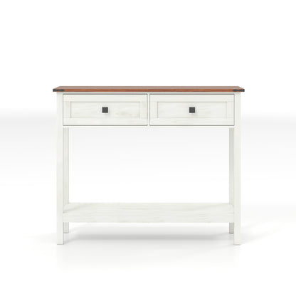 Farmhouse Style Console Table With 2 Drawers And Bottom Storage Shelf - Antique White