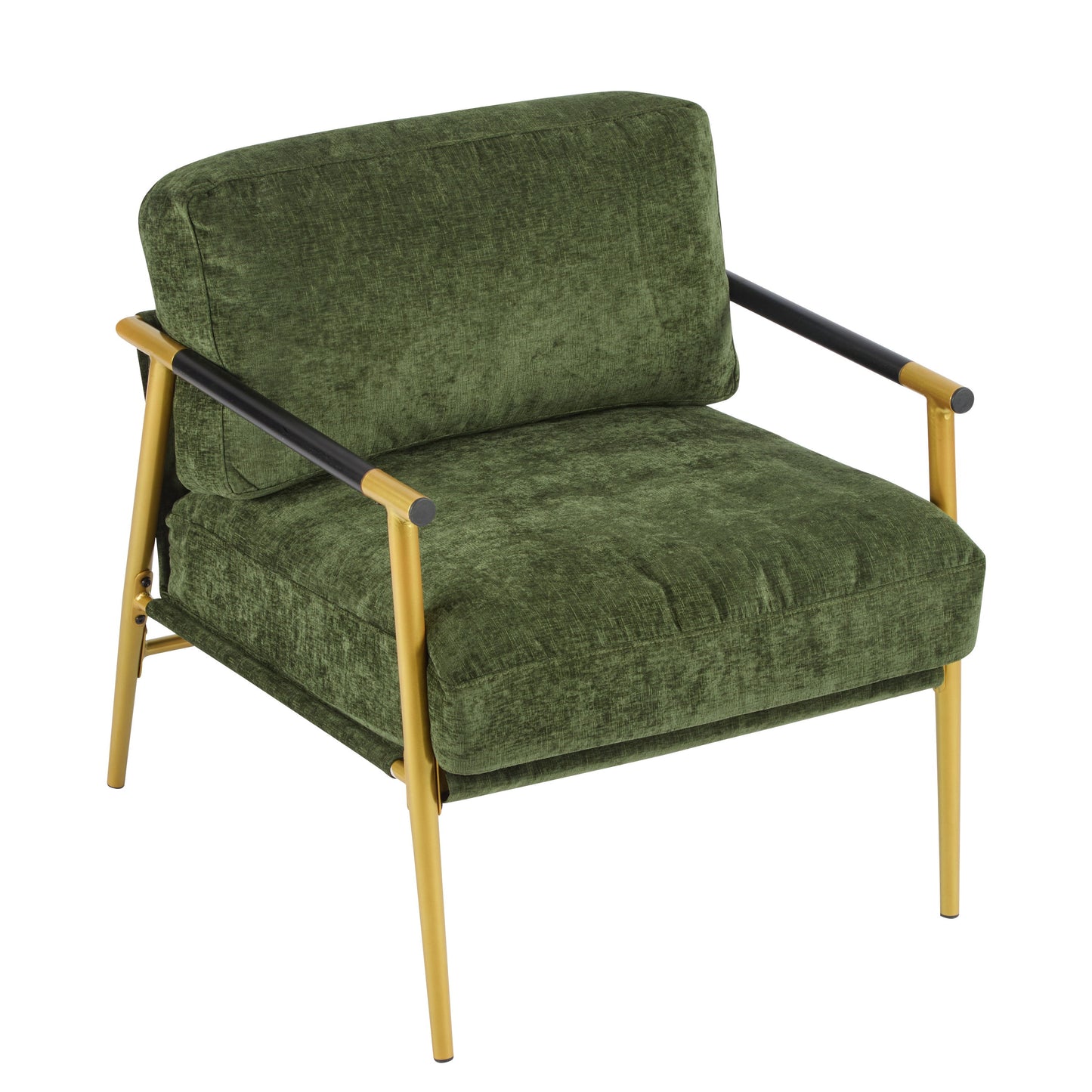 Modern Accent Chair With Plush Cushions, Minimalist Metal Frame, & Wooden Armrest Design - Gold / Green