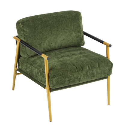 Modern Accent Chair With Plush Cushions, Minimalist Metal Frame, & Wooden Armrest Design - Gold / Green