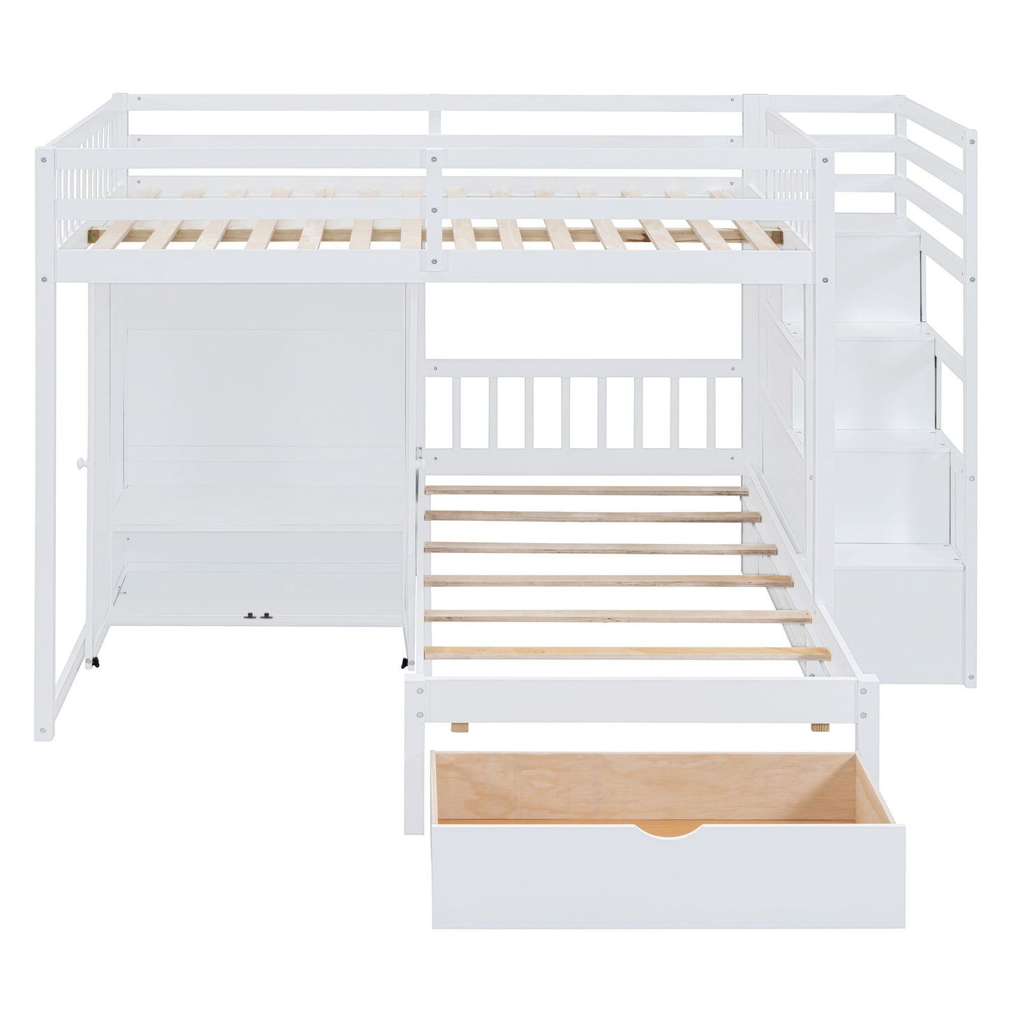 Full Over Twin Bunk Bed With Wardrobe, Drawers - White