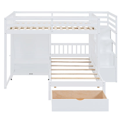 Full Over Twin Bunk Bed With Wardrobe, Drawers - White