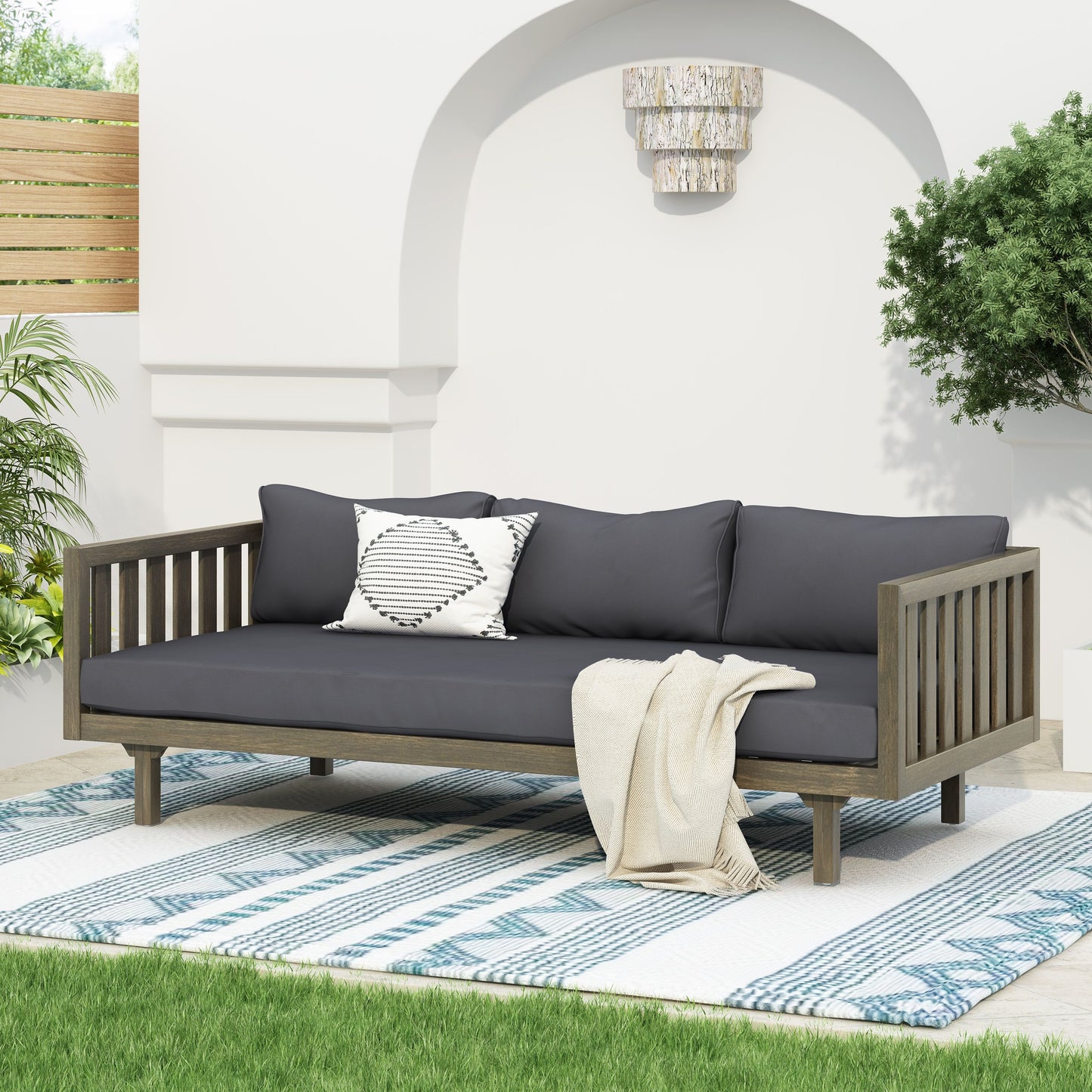 Claremont - 3 Seater Daybed With Slat Paneling And Water Resistant Cushions - Gray