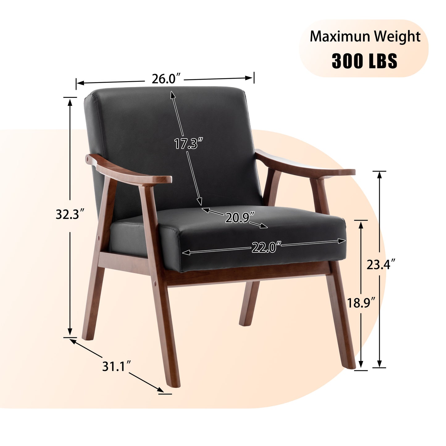 Mid Century Modern Wingback Accent Chair With Solid Wood Frame And Extra Thick Backrest - Lounge Chair For Living Room, Bedroom, Or Reading Room - Black
