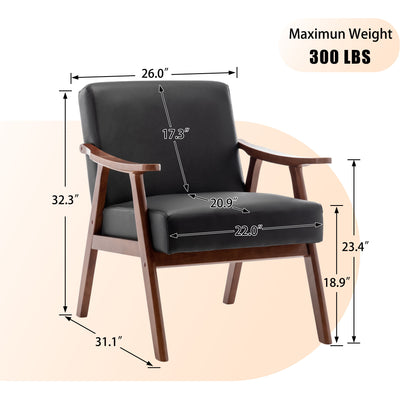 Mid Century Modern Wingback Accent Chair With Solid Wood Frame And Extra Thick Backrest - Lounge Chair For Living Room, Bedroom, Or Reading Room - Black