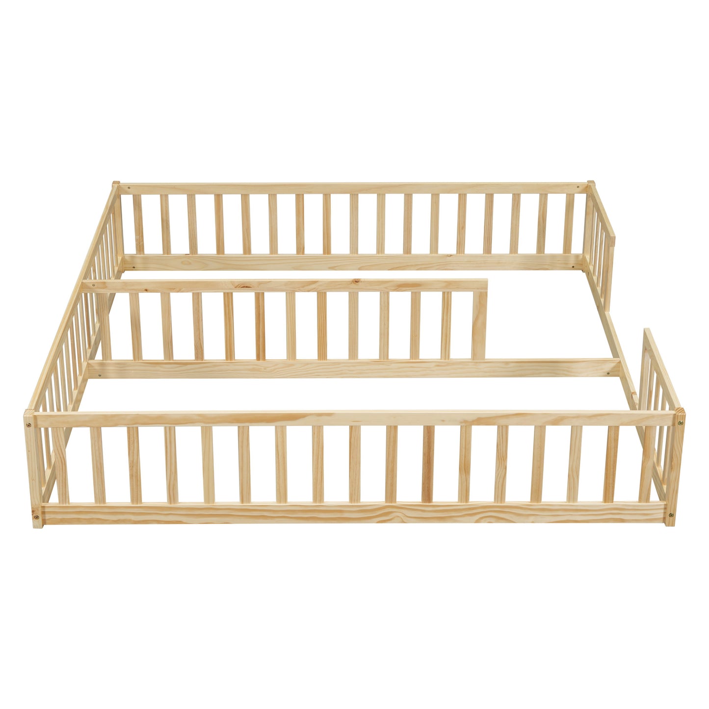 Double Twin Floor Bed With Fence, Guardrails, Without Door - Natural