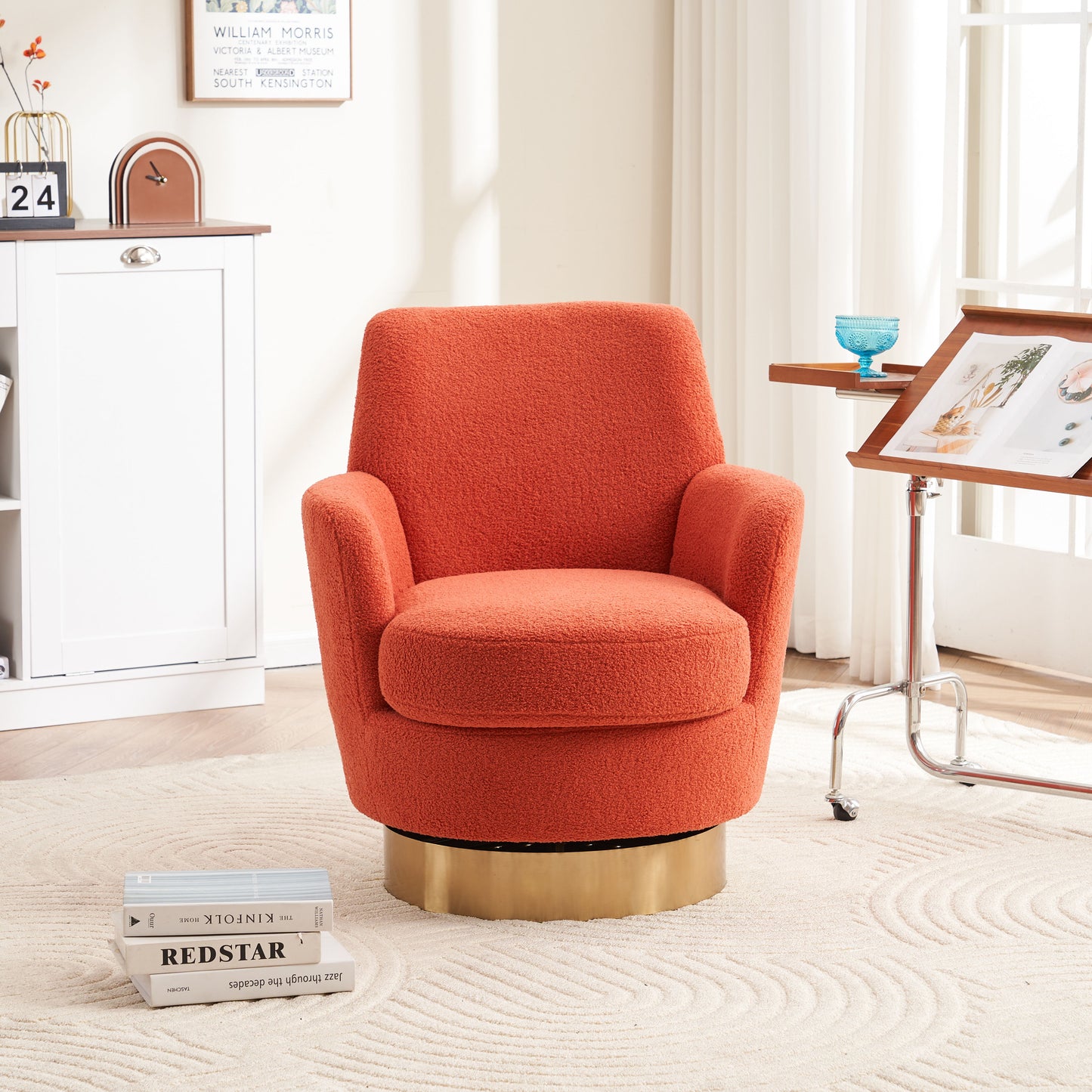 Teddy Swivel Barrel Chair, Swivel Accent Chairs Armchair For Living Room, Reading Chairs For Bedroom Comfy, Round Barrel Chairs With Gold Stainless Steel Base - Orange