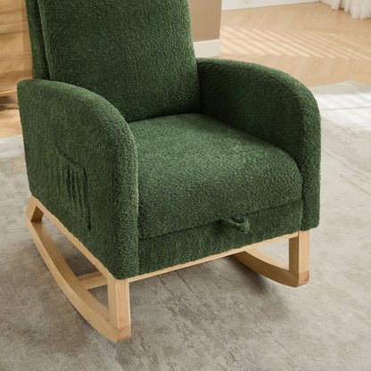 Boucle High Back Glider Rocking Chair With Retractable Footrest And Rubber Wood Legs For Nursery And Living Room - Green