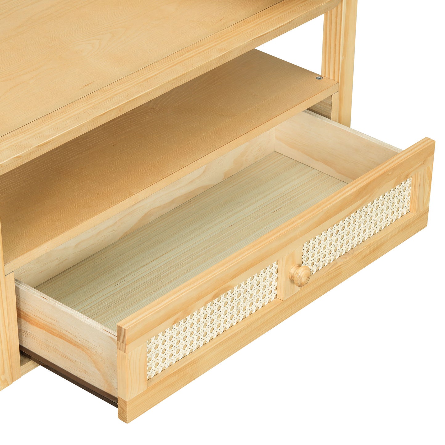 Modern Coffee Table, Coffee Table With 1 Storage Shelf, 2 Tabletops And 1 Rattan Drawer For Living Room - Natural