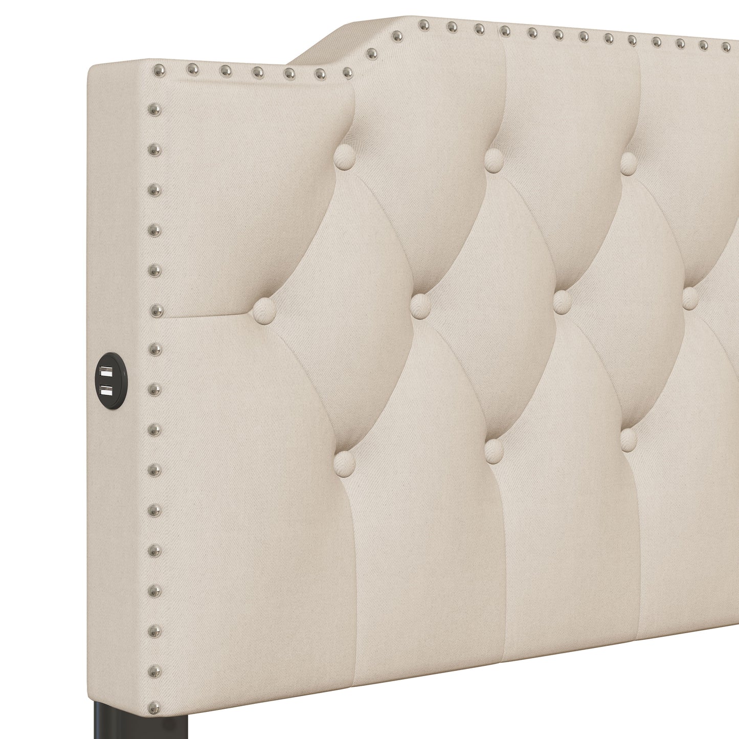 Queen Size Upholstered Platform Bed With 2 Drawers And 2 Sets Of USB Ports On Each Side - Beige